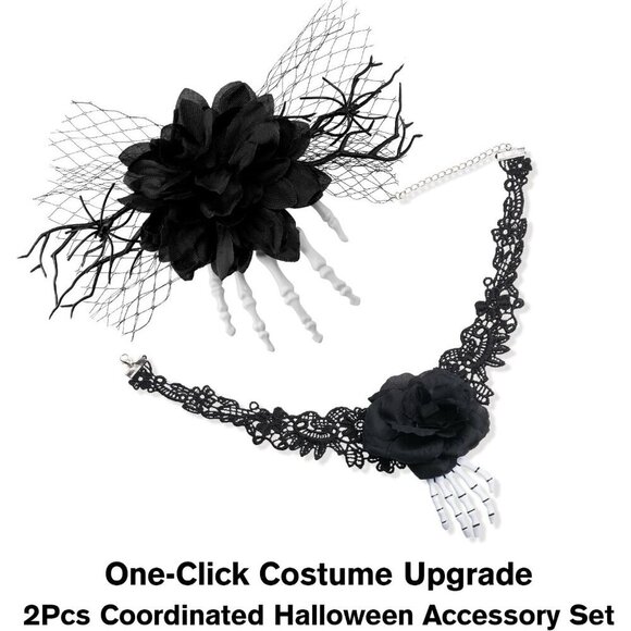 Gothic Halloween Accessories Set Black Lace Choker Skeleton Hand Hair Clip main image 6